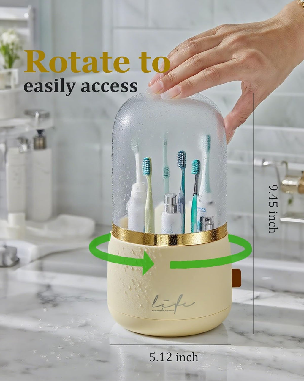 bubooo 360° Rotating Toothbrush Holder for Bathroom - Non-Slip Space-Saving 7-Slot with Cover & Drainage, Electric Toothbrushes/Toothpaste/Razor Organizer for Counter Vanity (beige)