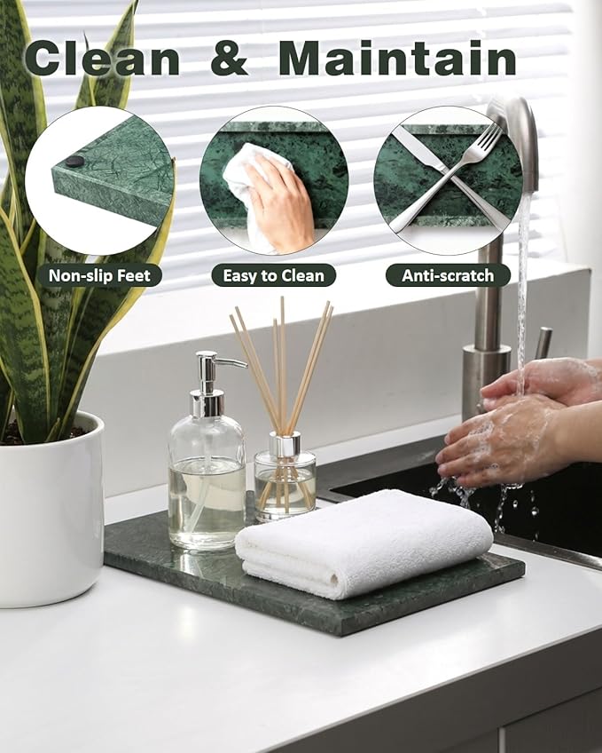 100% Natural Green Marble Tray, Luxury Stone Vanity Organizer for Perfume & Jewelry, Dark Green Decorative Marble Slab for Bathroom or Coffee Table, 12×8 Inch, Non-Resin