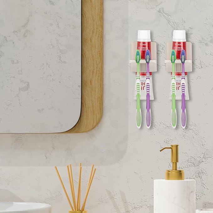 2 PCS Self-Adhesive Toothbrush Holders Wall Mounted, Water Proof Toothbrush Hook, 3 in 1 with Toothbrush Hanger Toothpaste Holder and Gargle Cup Holder for Bathroom Shower (Beige)