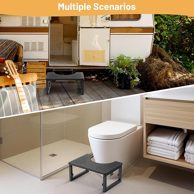 Bamboo Toilet Stool Squat Black, 7 in, 8 in & 9 in Adjustable Heights Pooping Stool for Bathroom Adults Kids, Sturdy Potty Stool with Non-Slip Layer, Improve Squatting Posture, 500 lbs Capacity