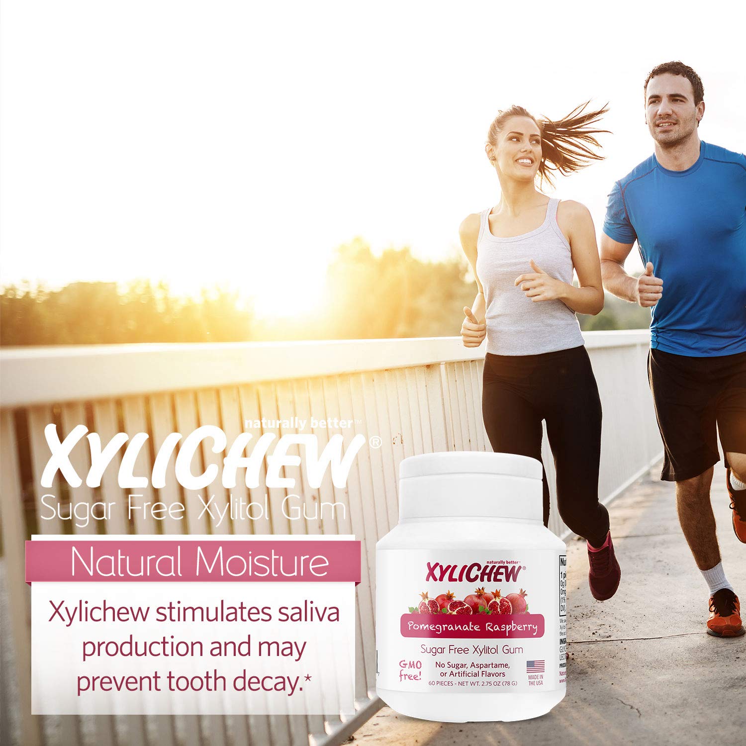 Xylichew 100% Xylitol Chewing Gum - Non GMO, Non Aspartame, Gluten Free, and Sugar Free Gum - Natural Oral Care, Relieves Bad Breath and Dry Mouth - Pomegranate Raspberry, 60 Count