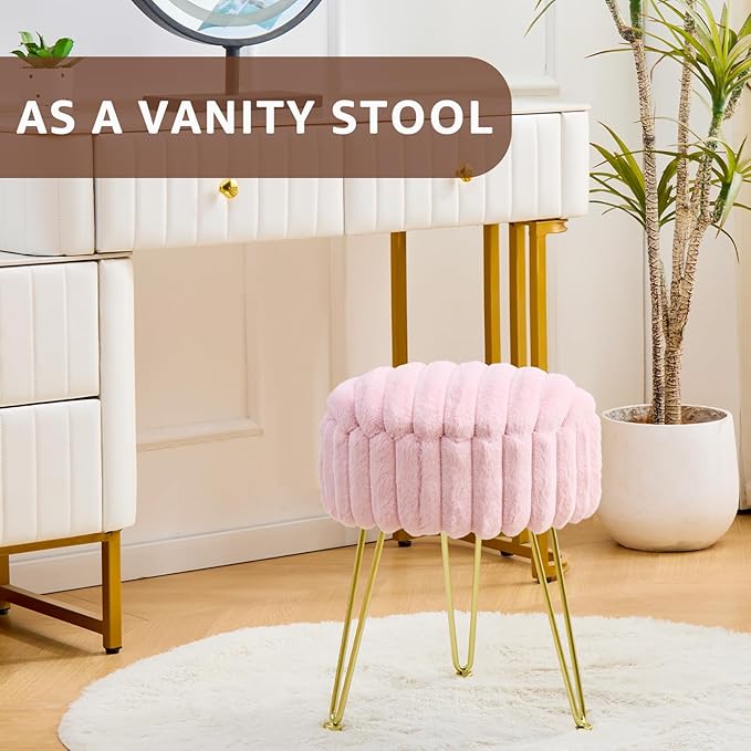 Wimarsbon Vanity Stool with Storage, Faux Fur Ottoman Chair with Metal Legs, Round Makeup Vanity Chair for Bedroom or Dressing Table, Modern Small Ottoman Seat (Pink)