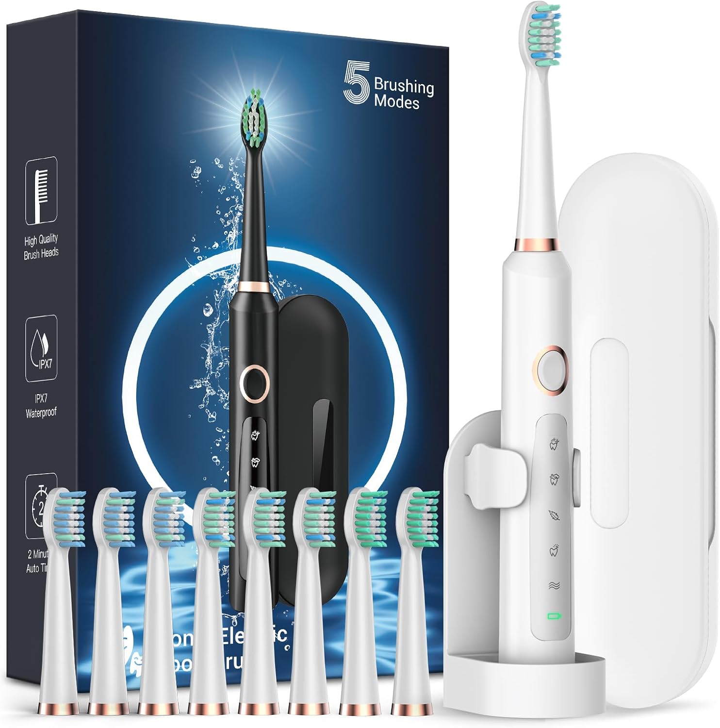 Rtauys M5 Sonic Electric Toothbrush for Adults and Kids - Rechargeable Electric Toothbrush Kids Ages 12+ and Adults with 8 Brush Heads & Travel Case, 120 Days Battery Life - White