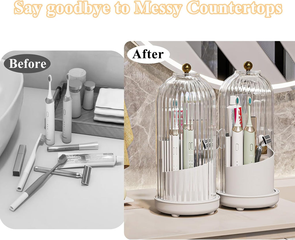 Toothbrush Holders with Cover, Drainage Rotating Electric Toothbrush Organizer, 3 Slots Tooth Brush Holder for Bathroom Counter, Transparent