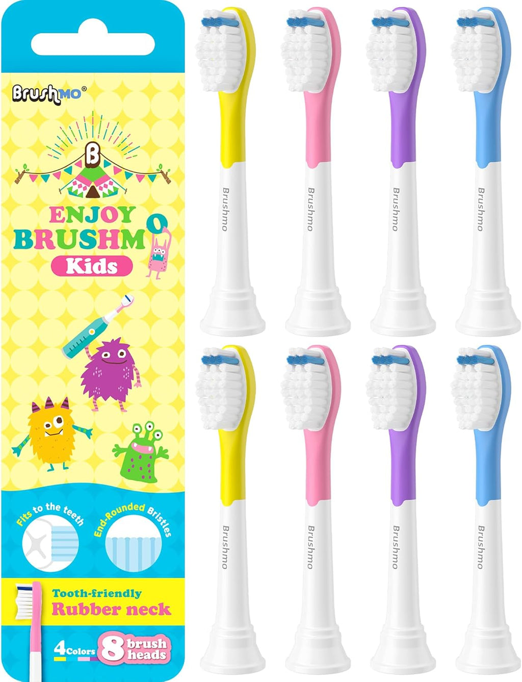 Brushmo Kids Replacement Toothbrush Heads, Compatible with Philips Sonicare for Kids HX6032 & HX6042, Ultra-Soft Dupont Bristles, 8-Pack for Ages 6+, Multi-Color (BM648)