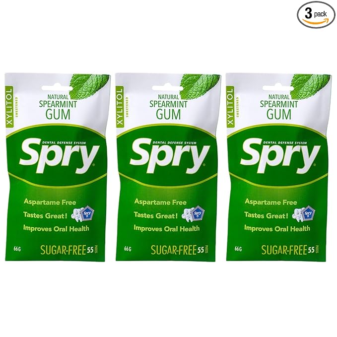 Spry On The Go Fresh Natural Xylitol Chewing Gum Dental Defense System - Aspartame-Free, Sugar-Free, Non-GMO (Spearmint, 55 Count - Pack of 3)