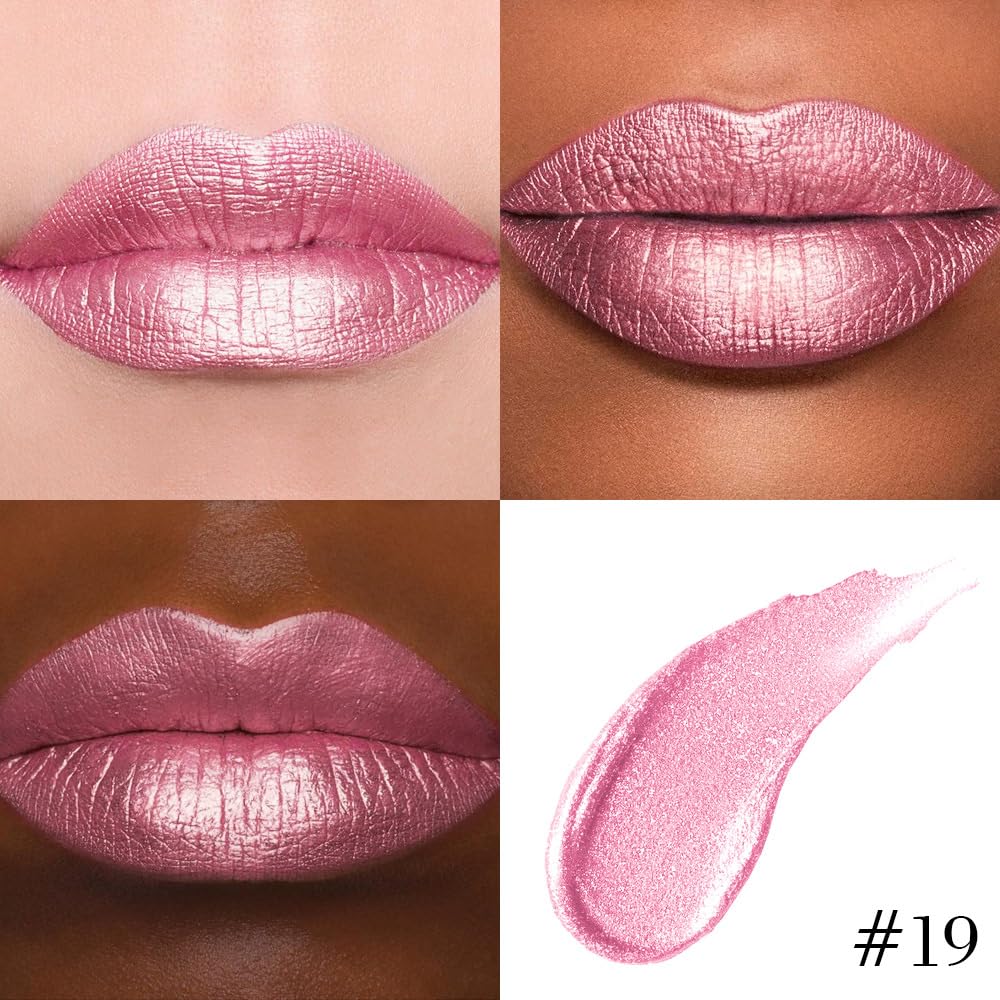 evpct Warm Pink Metallic Glitter Lip Liner and Lipstick Combo Set Long Lasting Waterproof, Metallic Shimmer Lip Gloss Stain Makeup for Women, Warm Pink Frosted Iridescent Glossy Liquid Lipstick 19