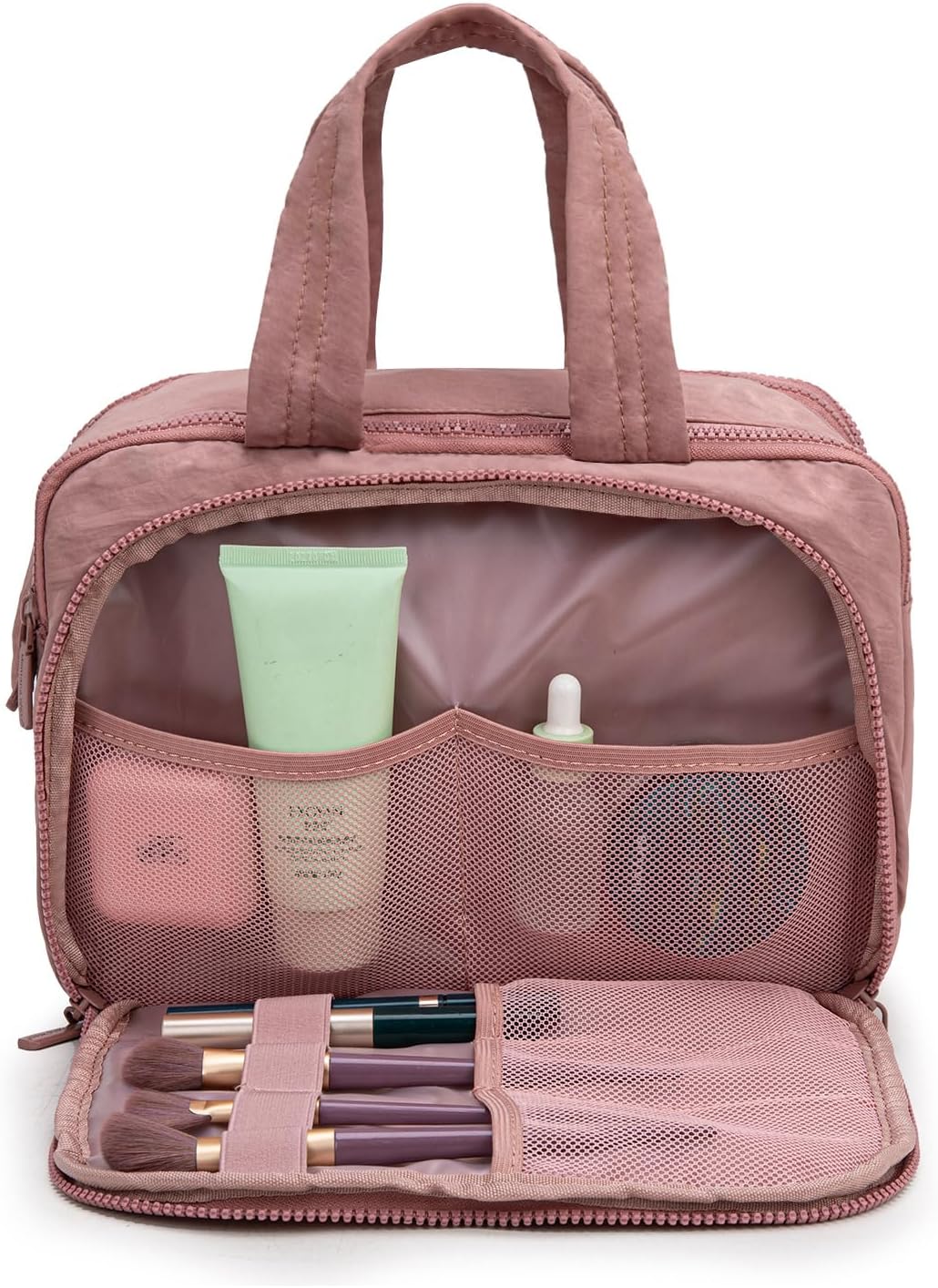 Montana West Travel Toiletry Bag Large Capacity Travel Bags Soft Dark Pink Makeup Organizer Lightweight Puffy Cosmetic Bag with Waterproof Compartment
