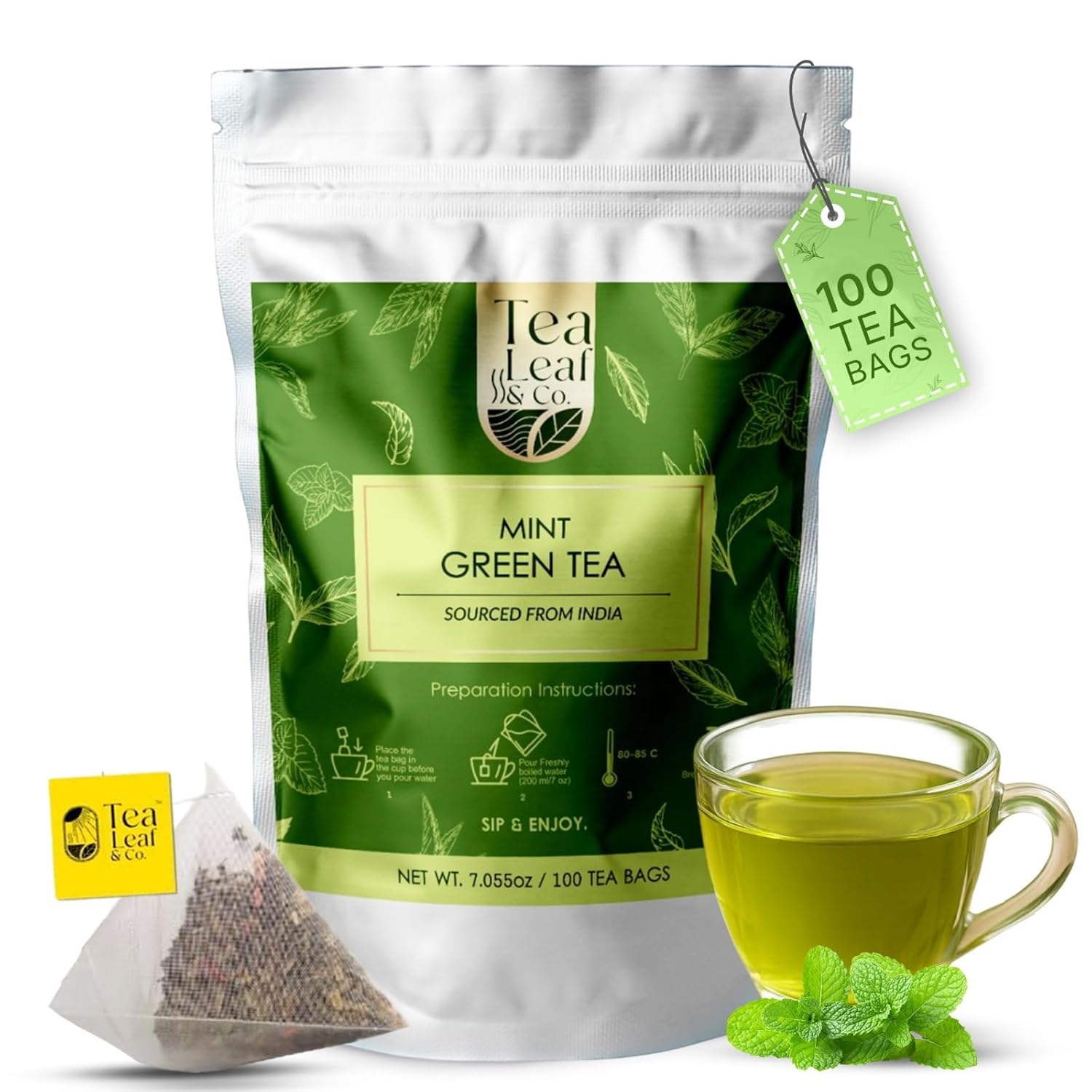 Tealeaf & Co. Mint Green Tea Bags Blended with Fresh Herbs - Spearmint & Peppermint Tea - Contains Low Caffeine - Gluten Free - 100 Teabags (7.055oz/200gm)