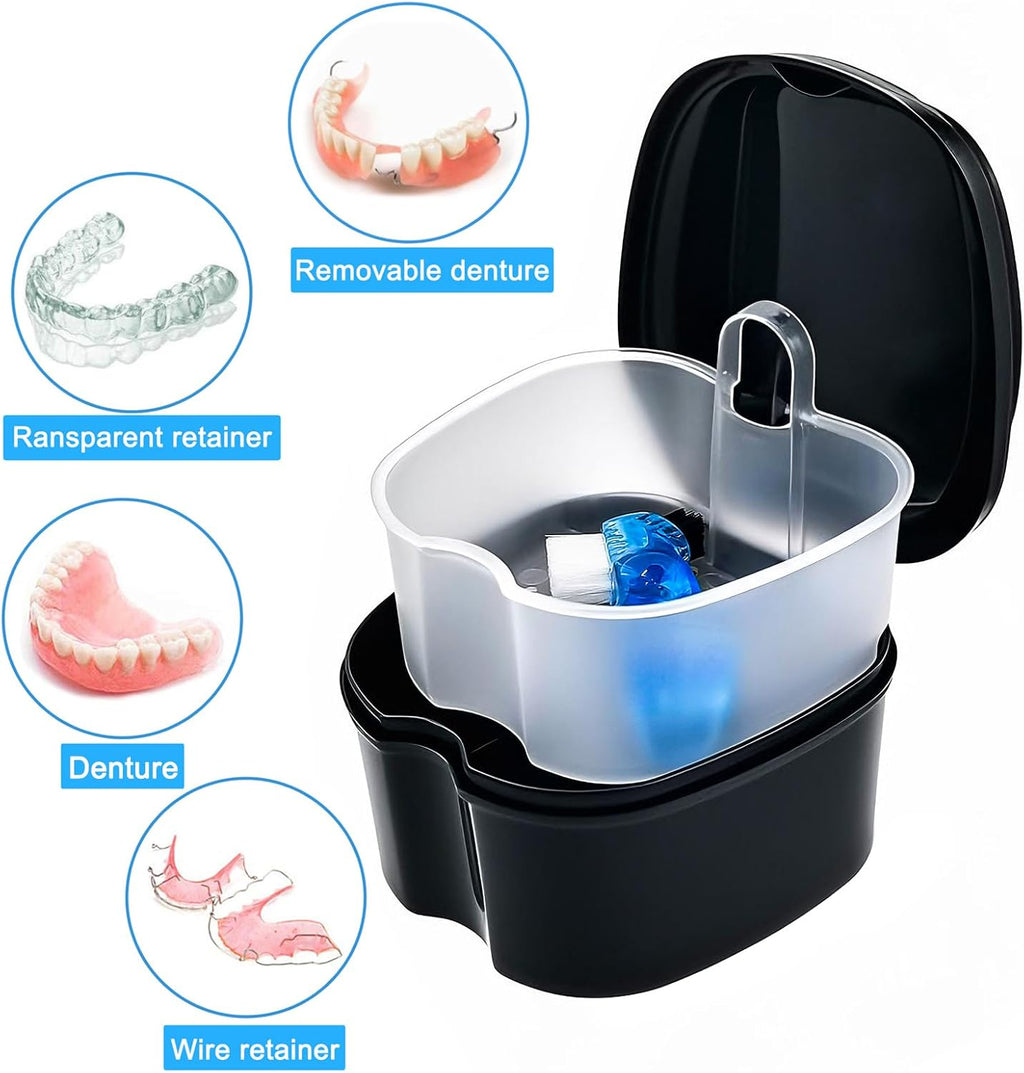 2 Pack Travel Denture Bath Case Set Orthodontic Dental Box Case with Brush, Denture Soaking Cup False Teeth Retainer Container for Clear Braces, Mouth Guard, Night Guard