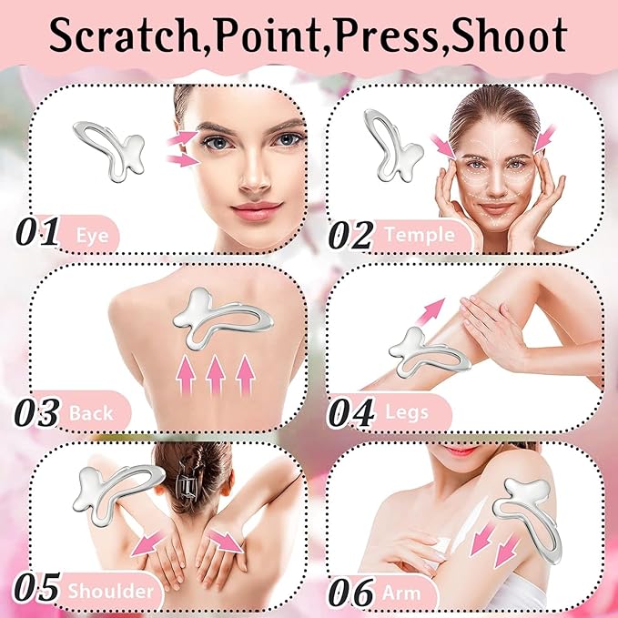 Gua Sha & Face Roller, Stainless Steel Gua Sha Facial Tools,Lymphatic Drainage Massager for Face, Eyes,Chin & Jawline Sculpting,Body Gua Sha Tools with Pouch (Light Silver)