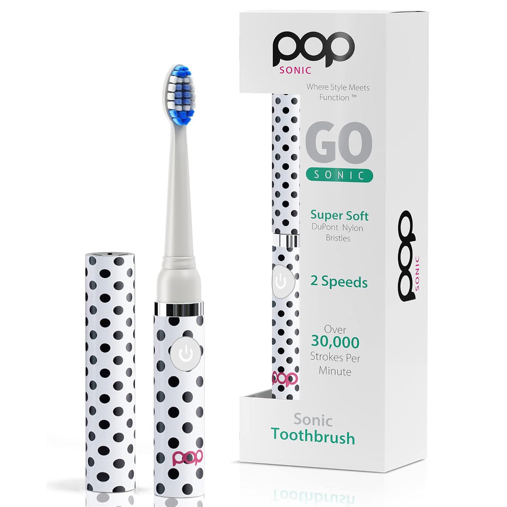 Pop Sonic Electric Toothbrush (White Dots) - Travel Toothbrushes w/AAA Battery | Kids Electric Toothbrushes with 2 Speed & 15,000-30,000 Strokes/Minute, Dupont Nylon Bristles