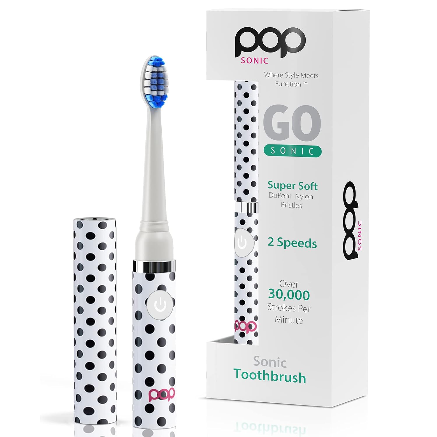 Pop Sonic Electric Toothbrush (White Dots) - Travel Toothbrushes w/AAA Battery | Kids Electric Toothbrushes with 2 Speed & 15,000-30,000 Strokes/Minute, Dupont Nylon Bristles