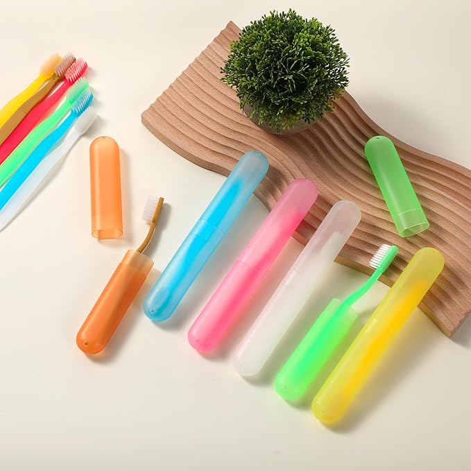 LemonRoad 20 Sets Travel Toothbrush Sets Disposable Toothbrush with Individual Portable Case Individually Wrapped Tooth Brush with Cases for Homeless Supplies Travel Camping Hotel(Candy)