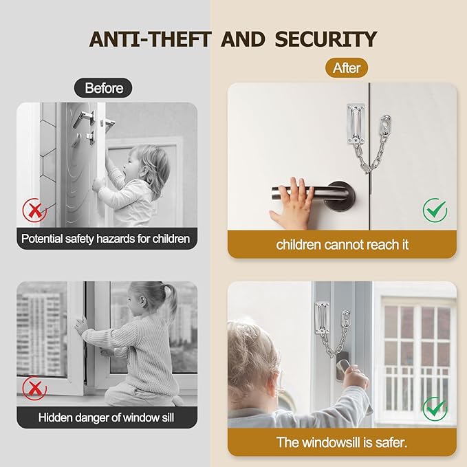 2 Pack Door Chain Lock, Heavy Duty Stainless Steel Locks for Inside Door, Durable and Rust-Proof, Child and Pet Safety Lock for Bedroom, Apartment, Hotel