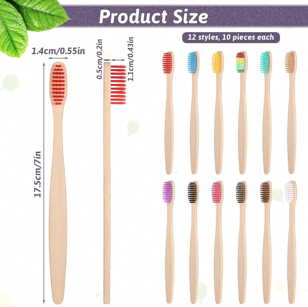120 Pcs Bamboo Toothbrushes, Natural Soft Bristle Toothbrush Individually Wrapped Travel Tooth Brush 12 Color Vegan Organic Toothbrushes for Adults Travel