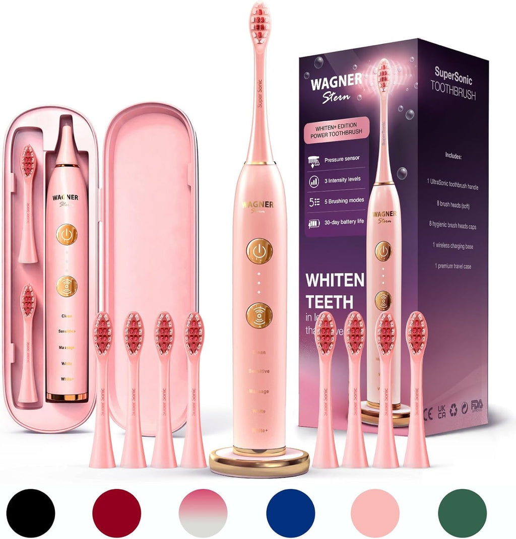 Wagner Stern WHITEN+ Edition. Whitening Electric Toothbrush with Pressure Sensor. Offers 5 Brushing Modes, 3 intensities, 8 Soft Brush Heads, and a Luxury Travel case.