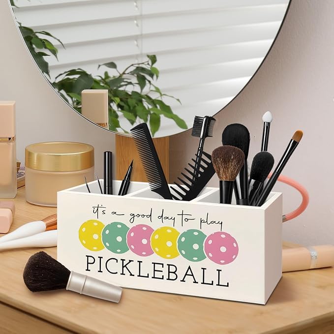 Pickleball Gifts Wooden Pen Pencil Holder for Desk Accessories, Pickle Ball Gifts, Gift for Pickleball Lovers Women Wood Makeup Brush Toothbrush Holder Organizer for Vanity Bathroom
