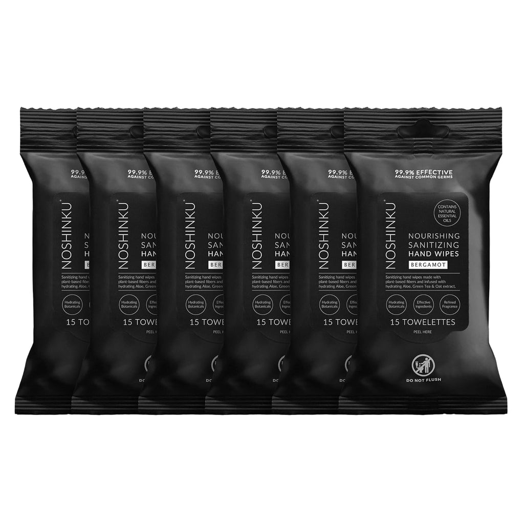 Noshinku – Bergamot Hand Sanitizer Wipes, 6-Pack (90 Towelettes) – Resealable Travel Wipes with Ethyl Alcohol, Aloe & Green Tea, Plant-Based Fiber, Essential Oil Scents, Cruelty-Free & No Dyes