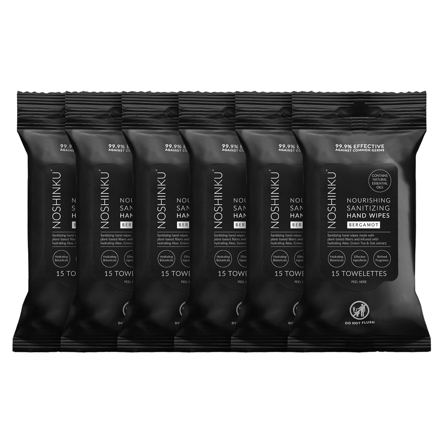 Noshinku – Bergamot Hand Sanitizer Wipes, 6-Pack (90 Towelettes) – Resealable Travel Wipes with Ethyl Alcohol, Aloe & Green Tea, Plant-Based Fiber, Essential Oil Scents, Cruelty-Free & No Dyes