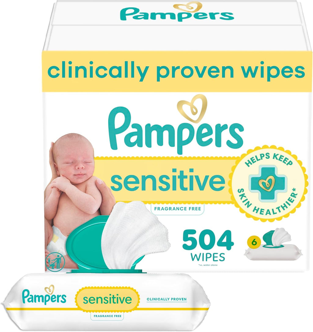 Pampers Baby Wipes Sensitive, Water Based Hypoallergenic and Unscented 504 Total (6 Flip-Top Packs)