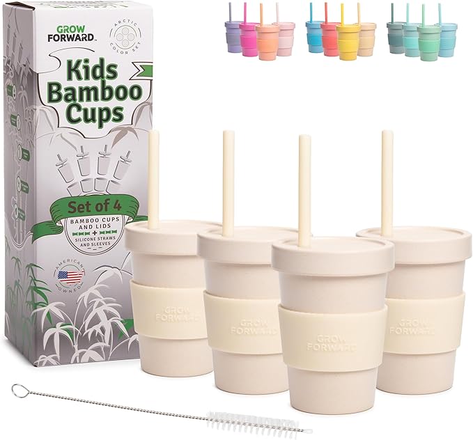 Grow Forward Bamboo Kids Cups with Lids and Straws - 10oz Drinking Cups for Kids with Childproof Twist Lids & Silicone Straws - Eco Friendly, BPA Free, Non Toxic & Dishwasher Safe - Arctic