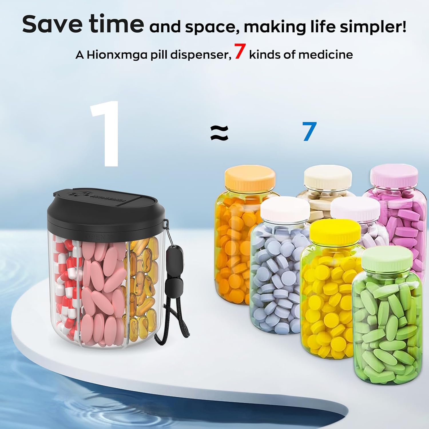 Pill Bottle Organizer with 7 Large Compartments, Pill Dispenser 4.4" H x 3.6" Dia for Travel, Supplement Organizer with Anti-Mixing Design, BPA-Free Pill Container with 20 Pcs Labels, Black