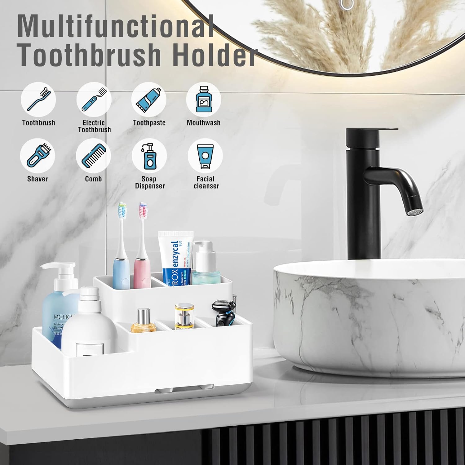 Electric Toothbrush Holder, Detachable Non-Slip Bathroom Organizer Countertop with 6 Compartments and Drainage Holes Bathroom Organizer for Bathroom, Kitchen, and Family
