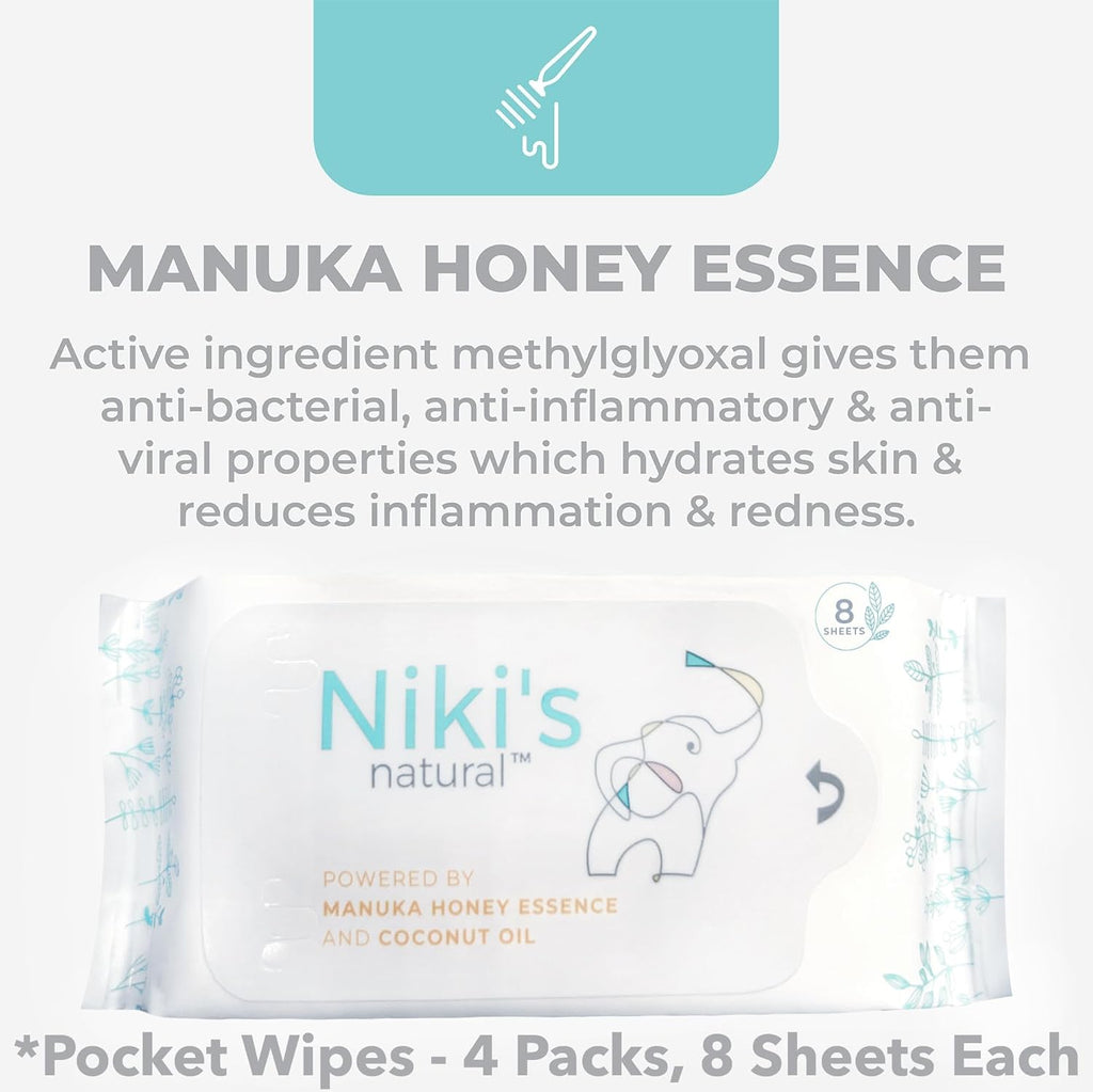 Niki's Natural Pocket Baby Wipes | Organic Baby Wipes Sensitive | Made with Manuka Honey and Coconut Oil, Unscented | EWG Verified | 32 Wipes (4 Pack x 8 Count Wipes)