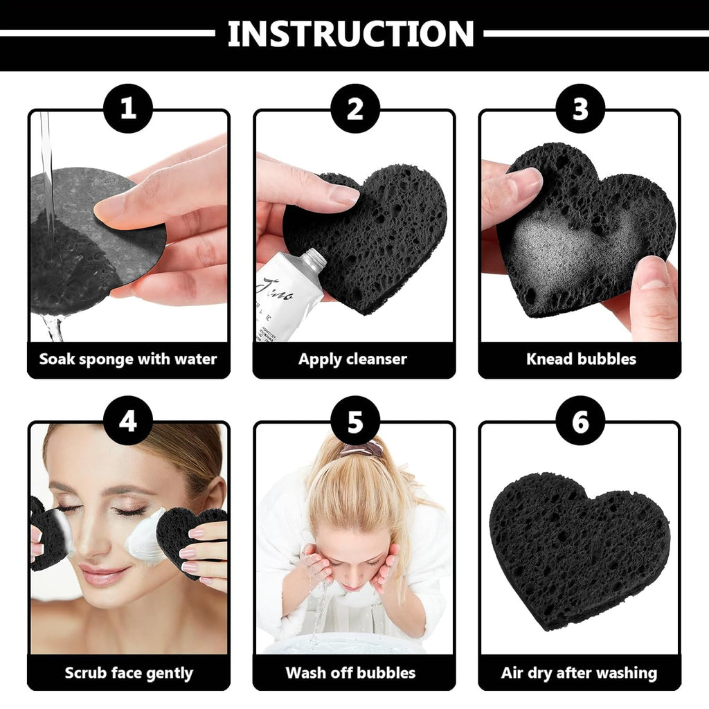 Nuenen 60 Pieces Facial Sponges with Container, Heart Shape Compressed Face Sponges Natural Cleaning Pads for Washing Face Cleaning Exfoliating Esthetician Makeup Removal(Black)