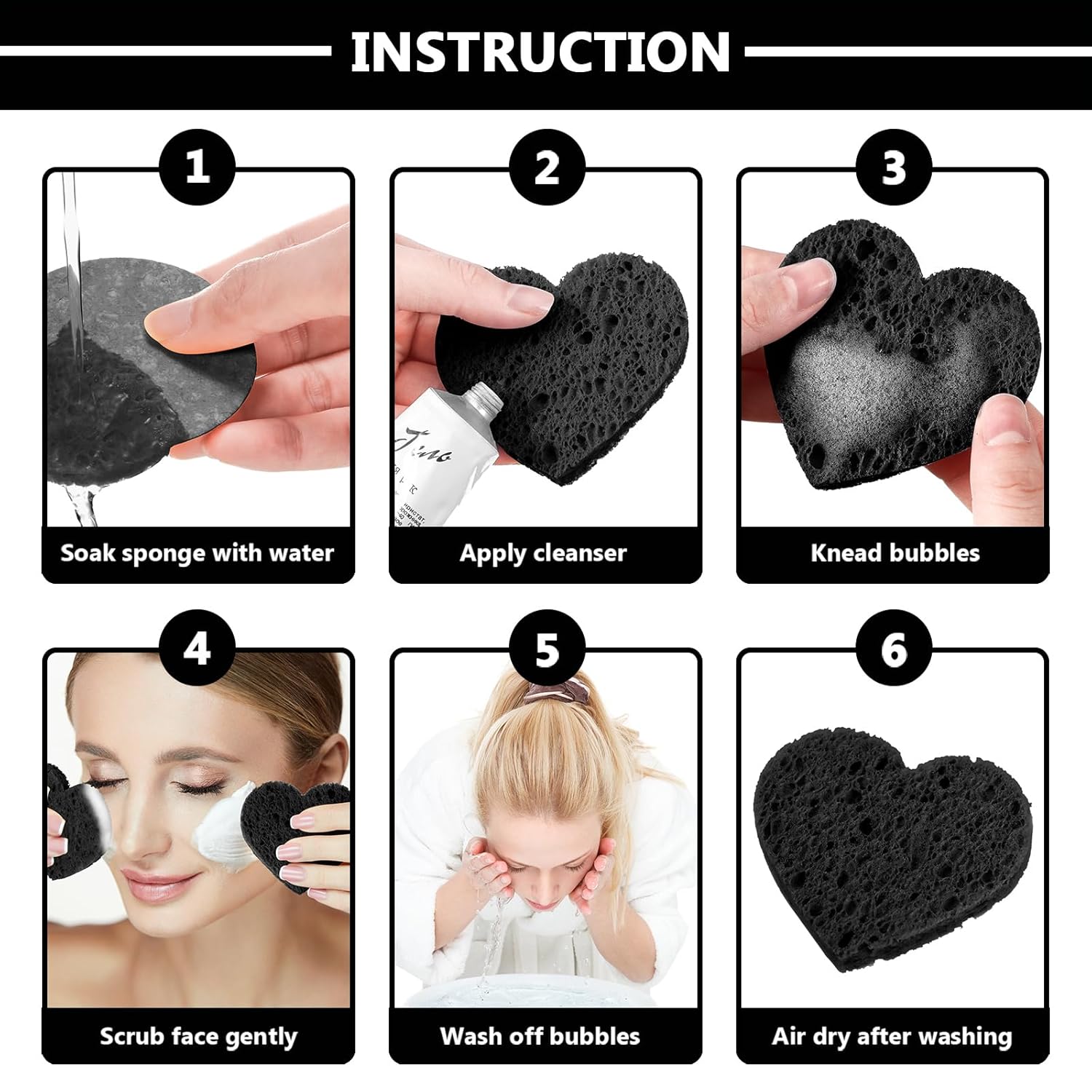 Nuenen 60 Pieces Facial Sponges with Container, Heart Shape Compressed Face Sponges Natural Cleaning Pads for Washing Face Cleaning Exfoliating Esthetician Makeup Removal(Black)