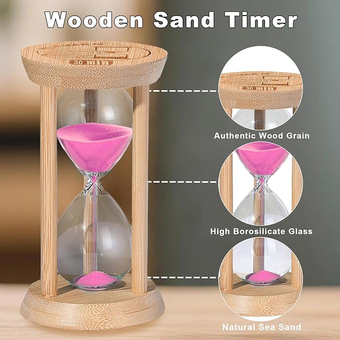 Wooden Sand Timers 2 Minute Hourglass,Stunning Glass Bamboo Mini Pink Sand Clock for Productivity, Meditation & Decor, 2 Min Small Reloj De Arena for Kitchen, Office, Toothbrush, Game, Classroom