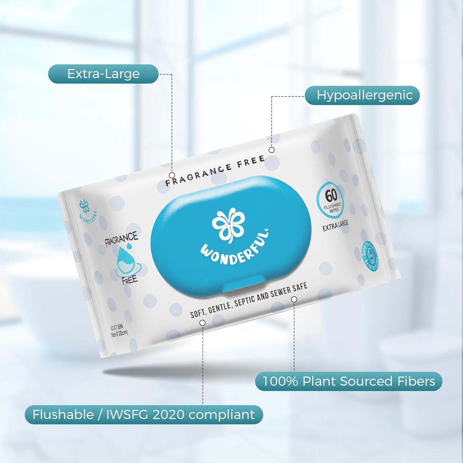 WONDERFUL Flushable Butt Wipes, Unscented 100% Plant-Based Wet Wipes for Adults & Kids, Sewer & Septic Safe, Gentle for Sensitive Skin, Wipes Flushable Pack for Bathroom & Travel, 3-Pack (180 Wipes)