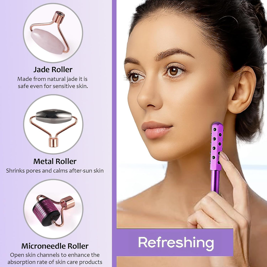 4-in-1 Germanium Stone Face Massager Beauty Roller for Up Lifting and Skin Care, Anti-Aging Beauty Tool with 3 Replaceable Heads - Jade Stone, Stainless Steel and 0.25mm Microneedle