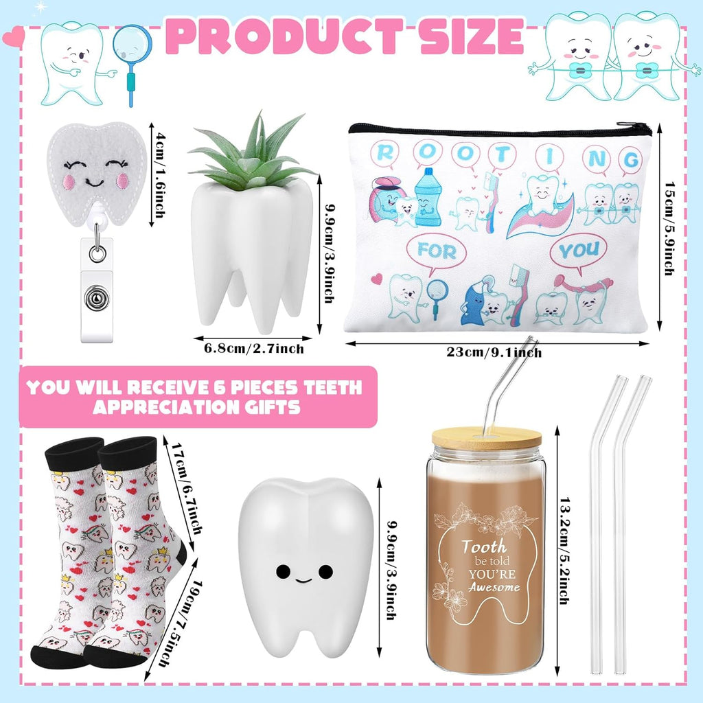 Pickmesh 6 Pcs Dental Gifts Nurse Assistant Hygienist Gifts 16 oz Glass Cups with Lid Makeup Bag Smiling Tooth Shape Felt Badge Holder Ceramic Pen Toothbrush Pot for Women Coworkers(White)