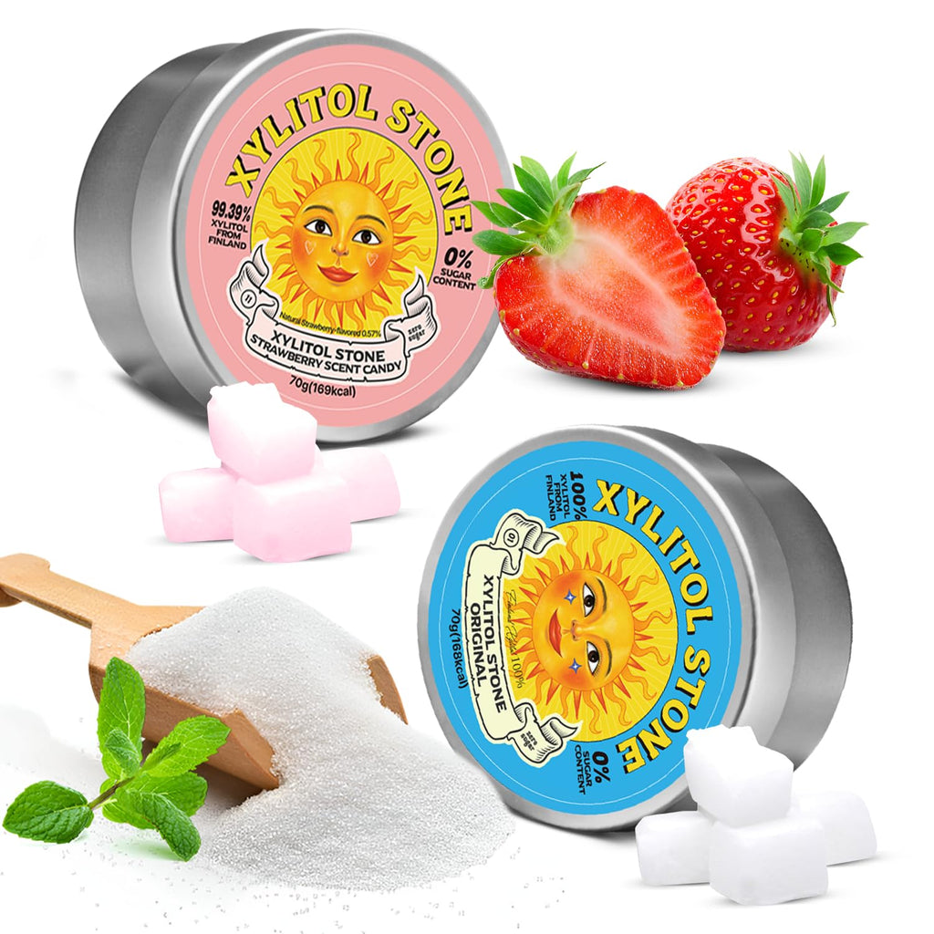 Xylitol Stone Sugar Free Candy - Vegan & Keto Friendly Unique Hard Candy - 100% Natural Flavor Candies - Gluten Free & Non-GMO Breath Freshener Low Calorie Mints - Pack of 2 (Original, Strawberry)