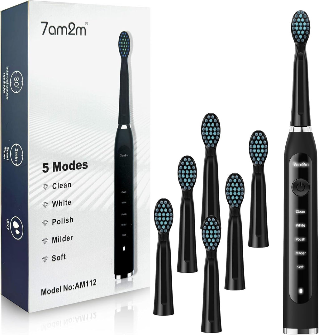 7AM2M Sonic Electric Toothbrush for Adults High Power Rechargeable Toothbrushes with 6 Brush Heads,5 Adjustable Modes, Built-in 2-Minute Smart Timer,3 Hours Fast Charge for 45Days Black