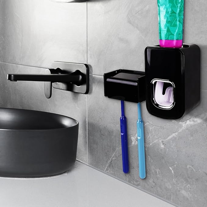 2 Slots Wall Mount Toothbrush Holder with Cover, Self Adhesive Toothbrush Storage Organizer for Shower, Toothbrush Hanger with Automatic Toothpaste Squeezer Dispenser(Black)