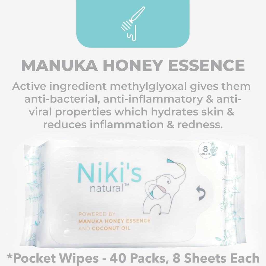 Niki's Natural Pocket Baby Wipes | Organic Baby Wipes Sensitive | Made with Manuka Honey and Coconut Oil, Unscented | EWG Verified | 320 Wipes (40 Pack x 8 Count Wipes)