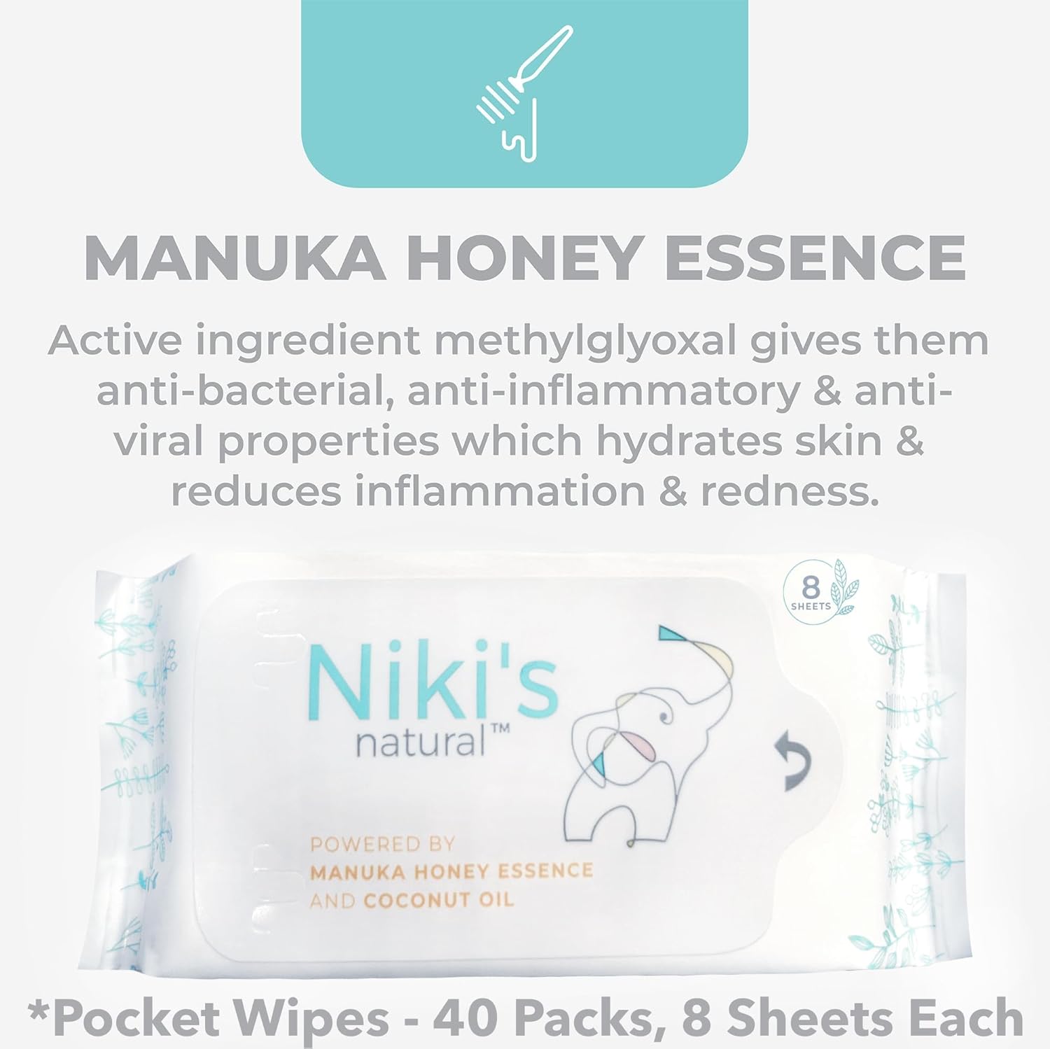 Niki's Natural Pocket Baby Wipes | Organic Baby Wipes Sensitive | Made with Manuka Honey and Coconut Oil, Unscented | EWG Verified | 320 Wipes (40 Pack x 8 Count Wipes)