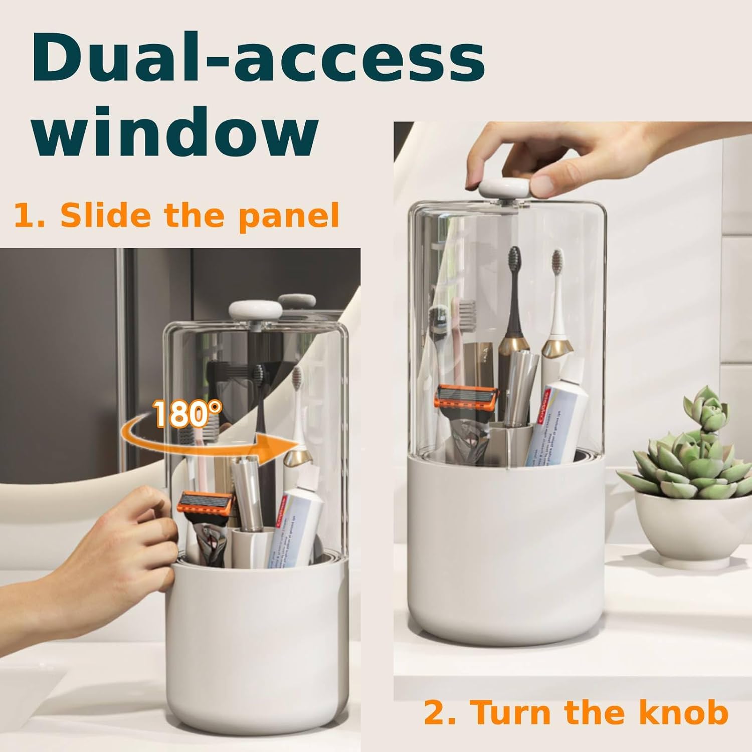 Toothbrush Holder with Cover 360 Rotating 4 Compartments Bathroom Toothpaste Electric Toothbrush Organizer, White