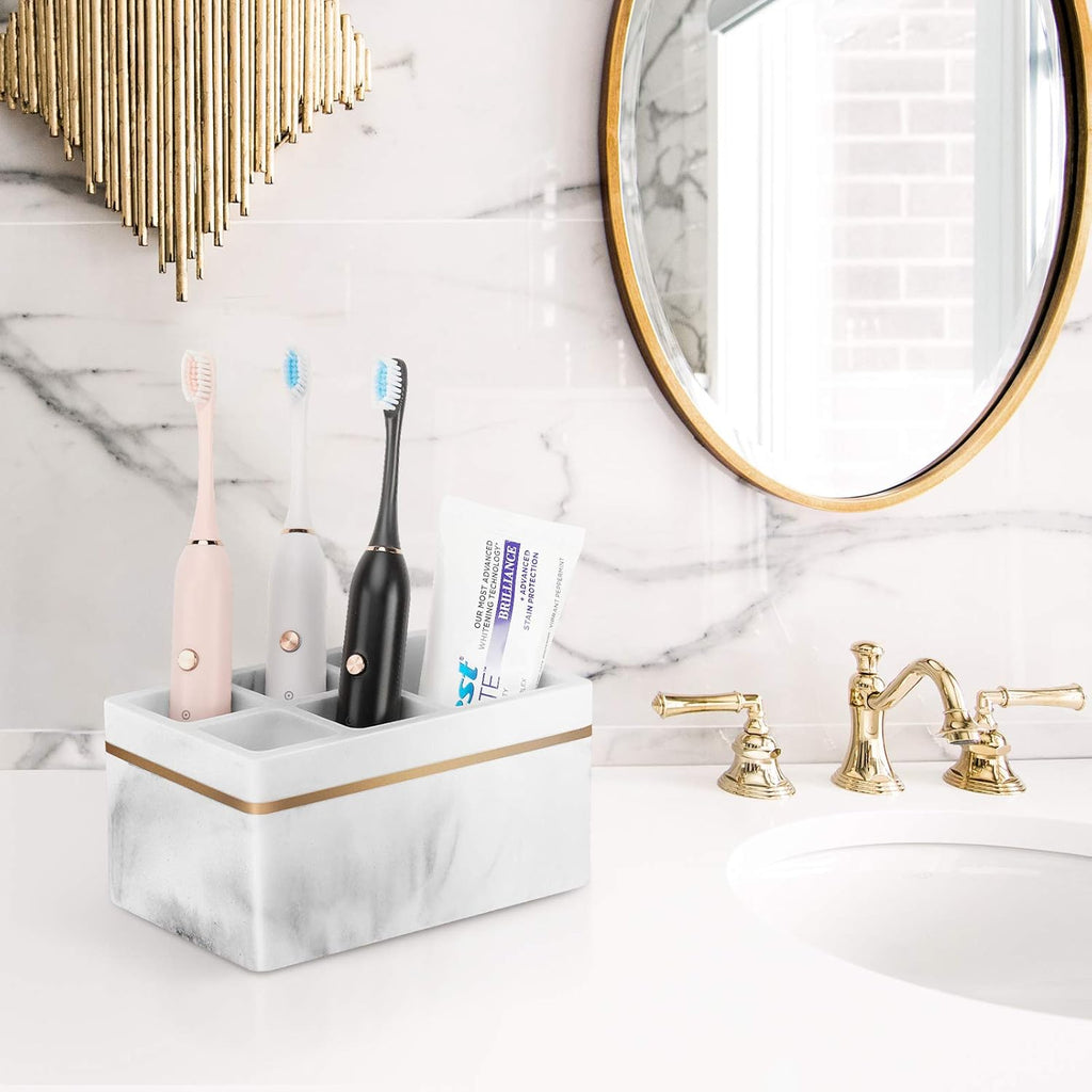 Shinowa Resin Toothbrush Holder, 5 Slots Hygienic Electric Toothbrush Holder Storage Stand Organizer for Toothbrush, Toothpaste, Razor, Gravel White