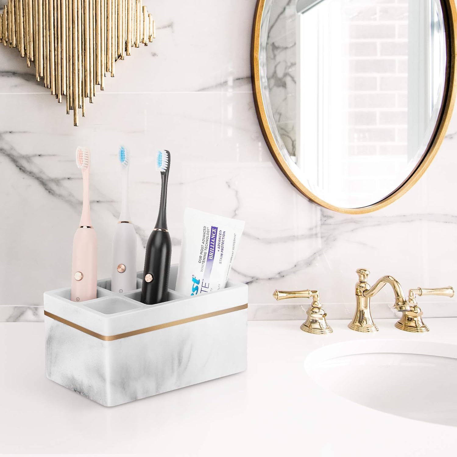 Shinowa Resin Toothbrush Holder, 5 Slots Hygienic Electric Toothbrush Holder Storage Stand Organizer for Toothbrush, Toothpaste, Razor, Gravel White