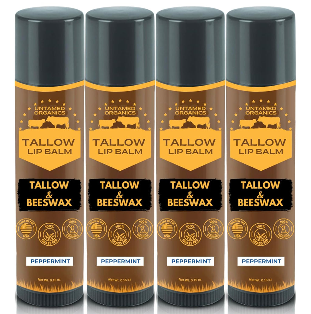 Pure Tallow Lip Balm | 100% Grass-Fed Beef Tallow and Organic Beeswax | Moisturizing Lip Care for Dry, Chapped Lips | Hypoallergenic, Fragrance-Free | Handcrafted in USA | 4-Pack (Peppermint)
