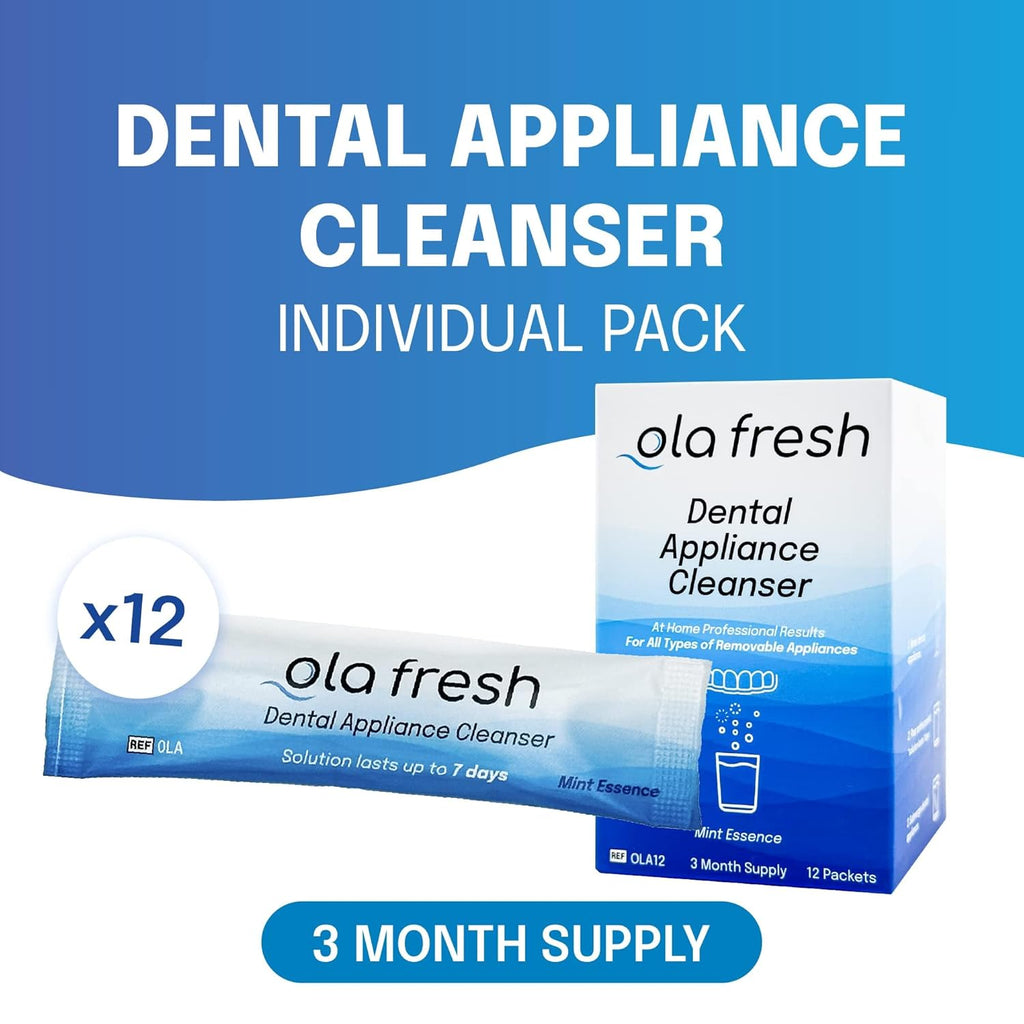 Ola Fresh Dental Appliance Cleanser, Professional Denture and Retainer Powder Cleanser (Mint Essence Flavor, 24 Packets, 3 Month Supply)