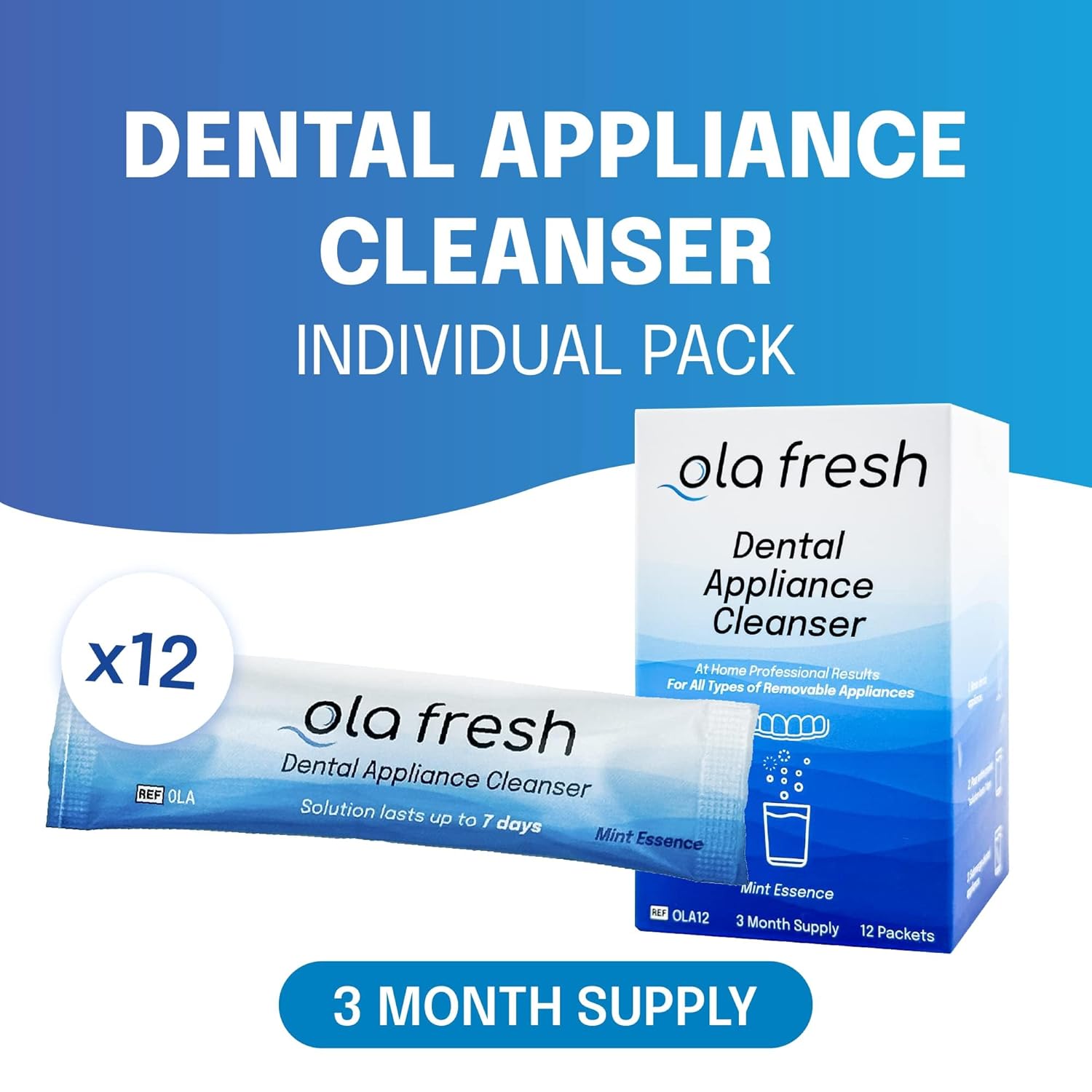 Ola Fresh Dental Appliance Cleanser, Professional Denture and Retainer Powder Cleanser (Mint Essence Flavor, 24 Packets, 3 Month Supply)