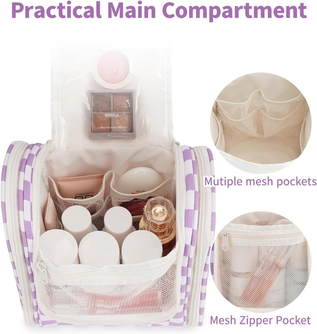 Narwey Small Checkered Hanging Travel Toiletry Bag for Women, Travel Bag for Toiletries, Makeup Bag Organizer Cosmetic Bags Make Up Bags for Women (Purple Checkerboard)