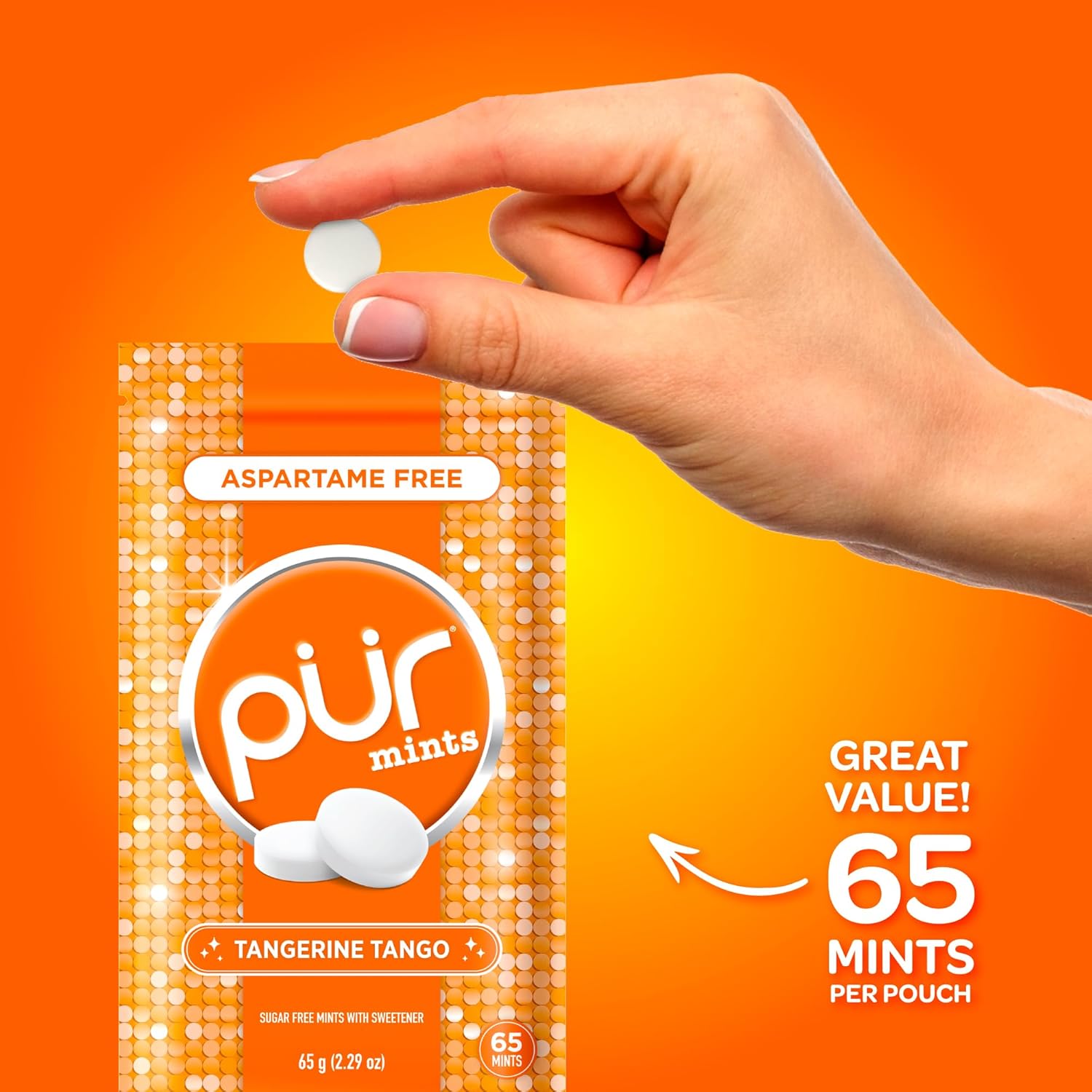 PUR Mints | Aspartame Free Breath Mints | Made with Xylitol | Sugar Free, Vegan, Gluten Free | Natural Tangerine Tango Flavor | 65 Pieces in Re-Sealable pouch (Pack of 3)