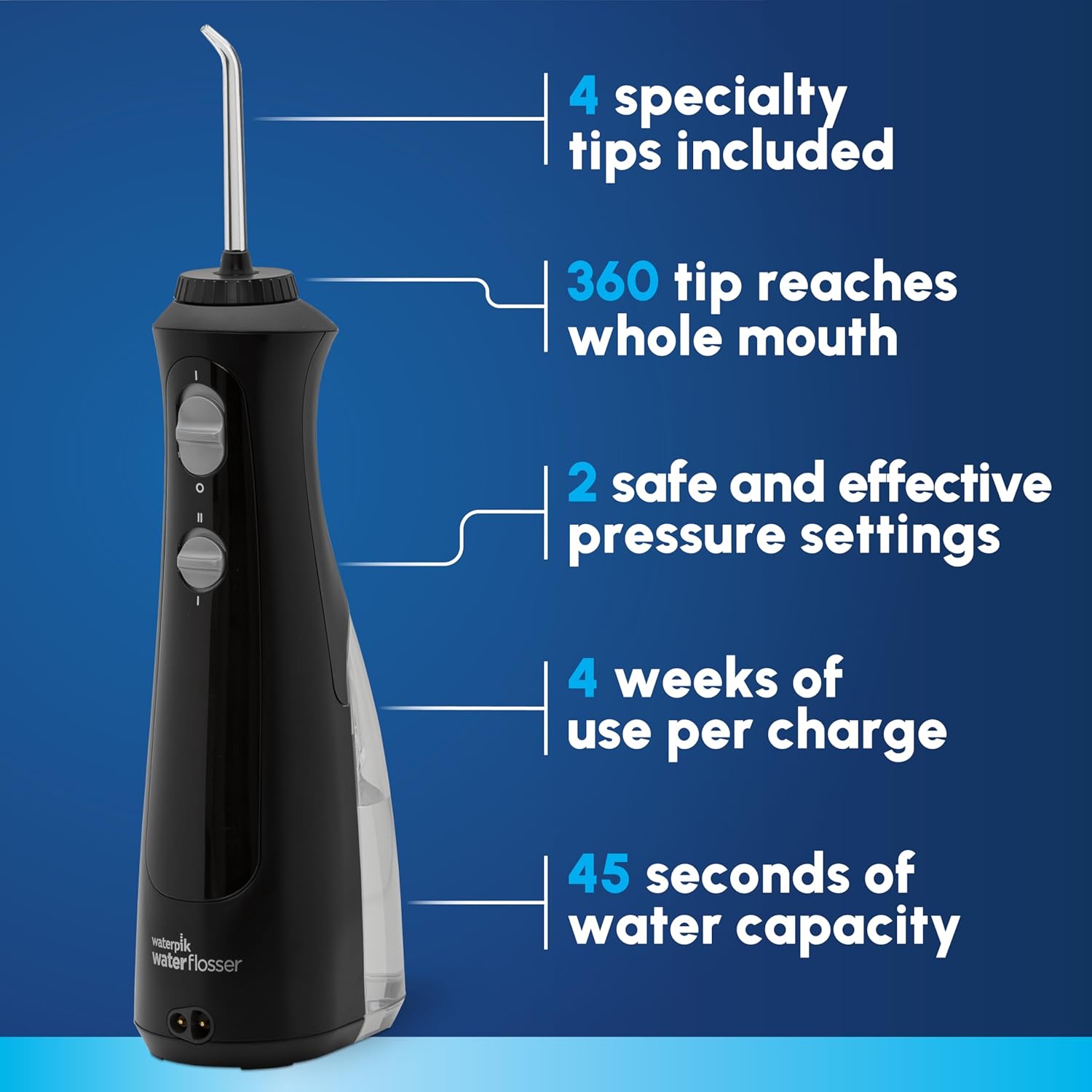Waterpik Cordless Pearl Rechargeable Portable Water Flosser for Teeth, Gums, Braces Care and Travel with 4 Flossing Tips - ADA Accepted, WF-13 Black, Packaging May Vary