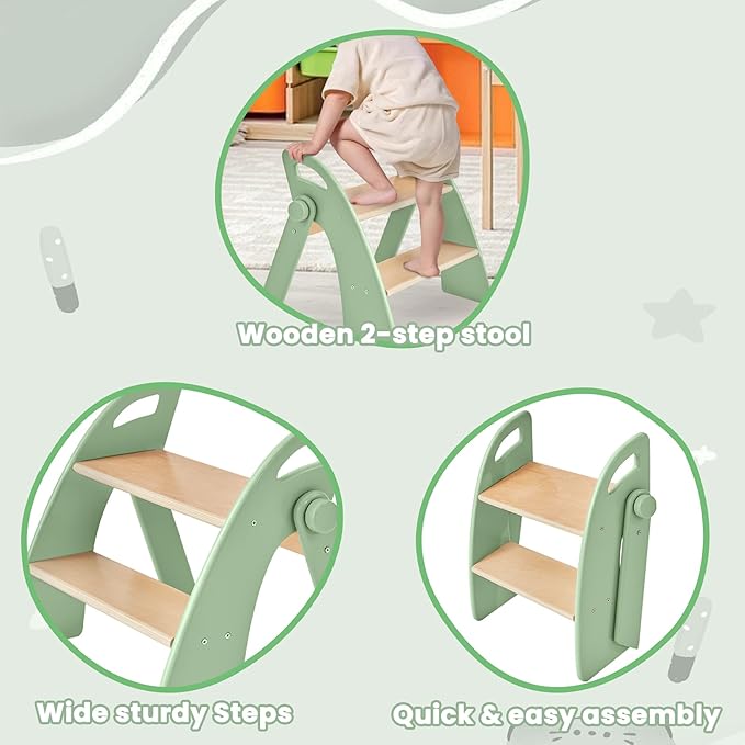 Wooden Step Stool, 300 lb. Load Capacity, with Safety Non-Slip Pads and Handles, Bamboo Step Stool for Bathroom and Kitchen, Gift for Christmas (Green)